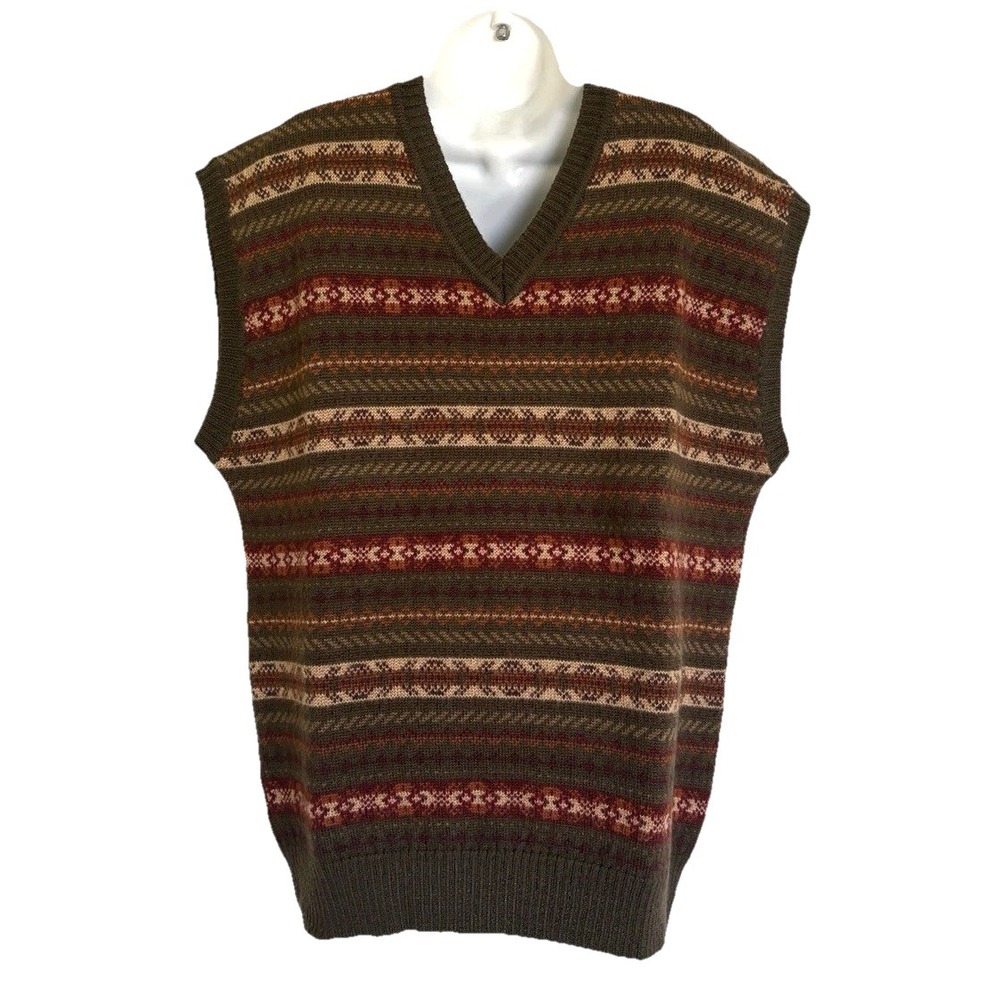 NEW Austin Reed London Men's 100% Wool Sweater Vest XL Olive Fair Isle Geo Golf